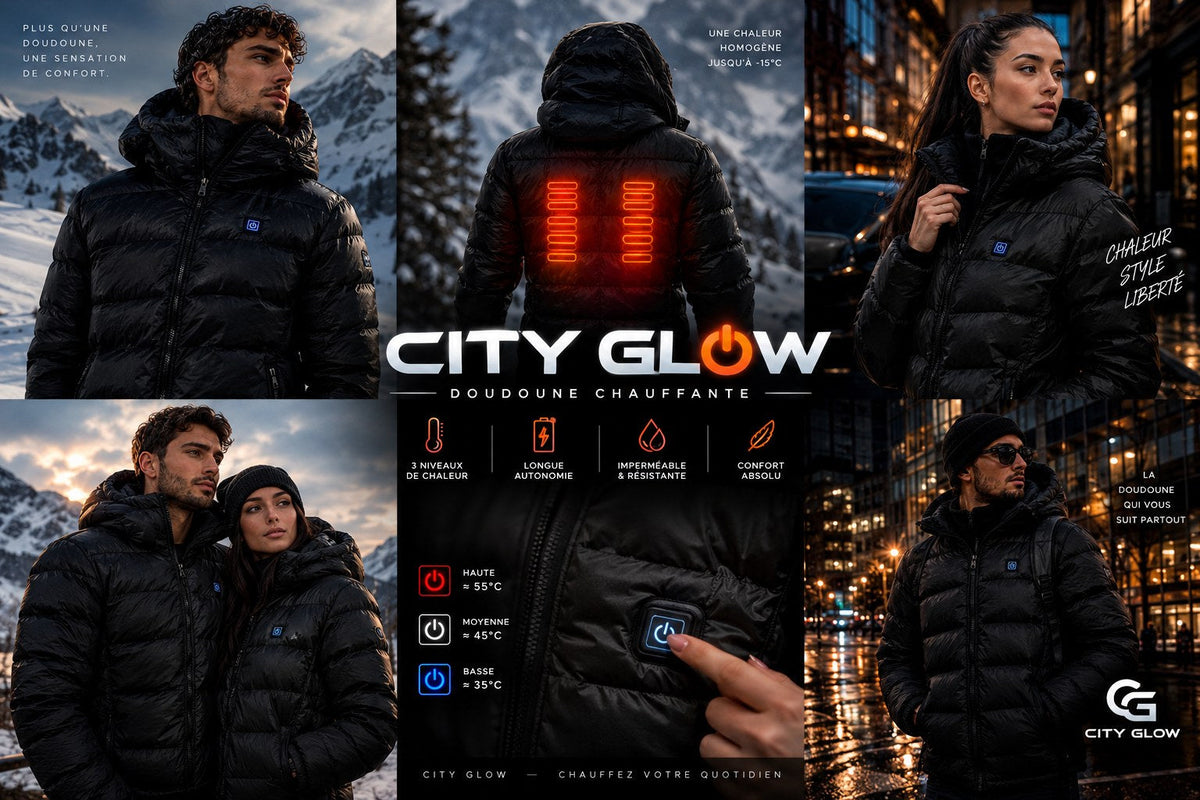 Doudoune chauffante City Glow portée à la montagne et en ville, 3 niveaux de chaleur