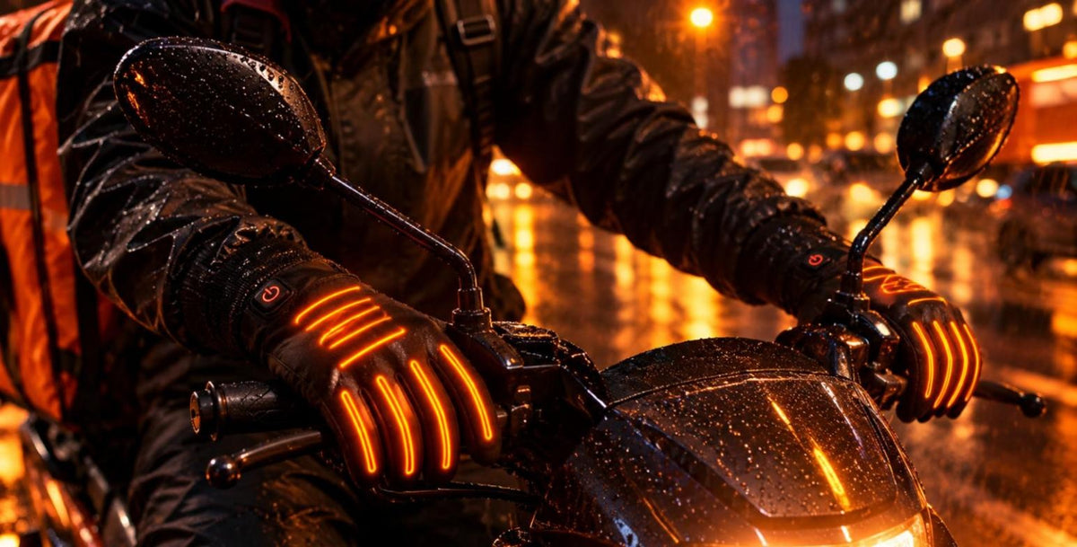 Gants chauffants City Glow portés par un livreur à scooter la nuit