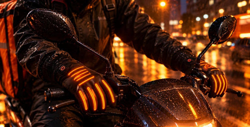 Gants chauffants City Glow portés par un livreur à scooter la nuit