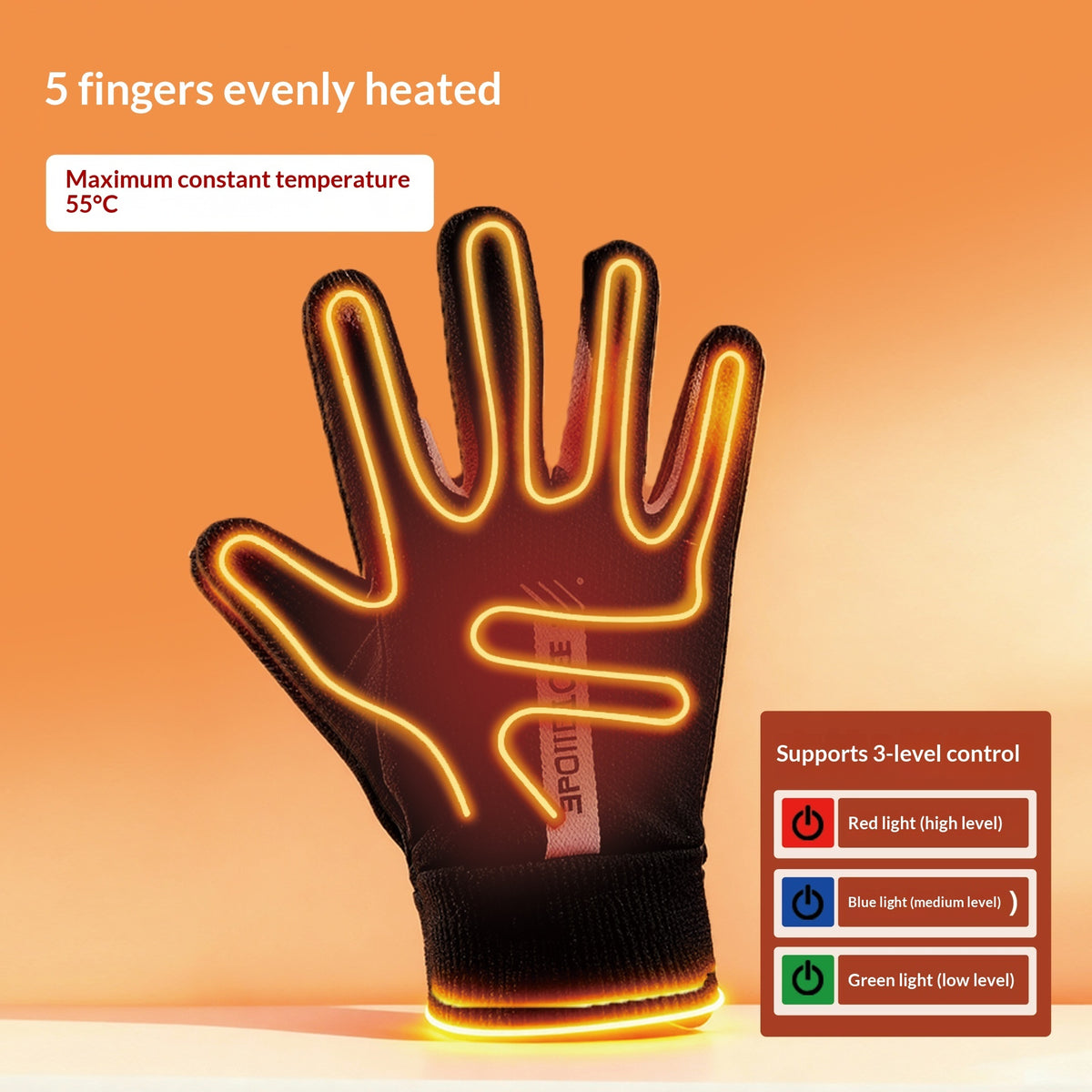 Gants chauffants USB Chaleo, fils chauffants dans les 5 doigts